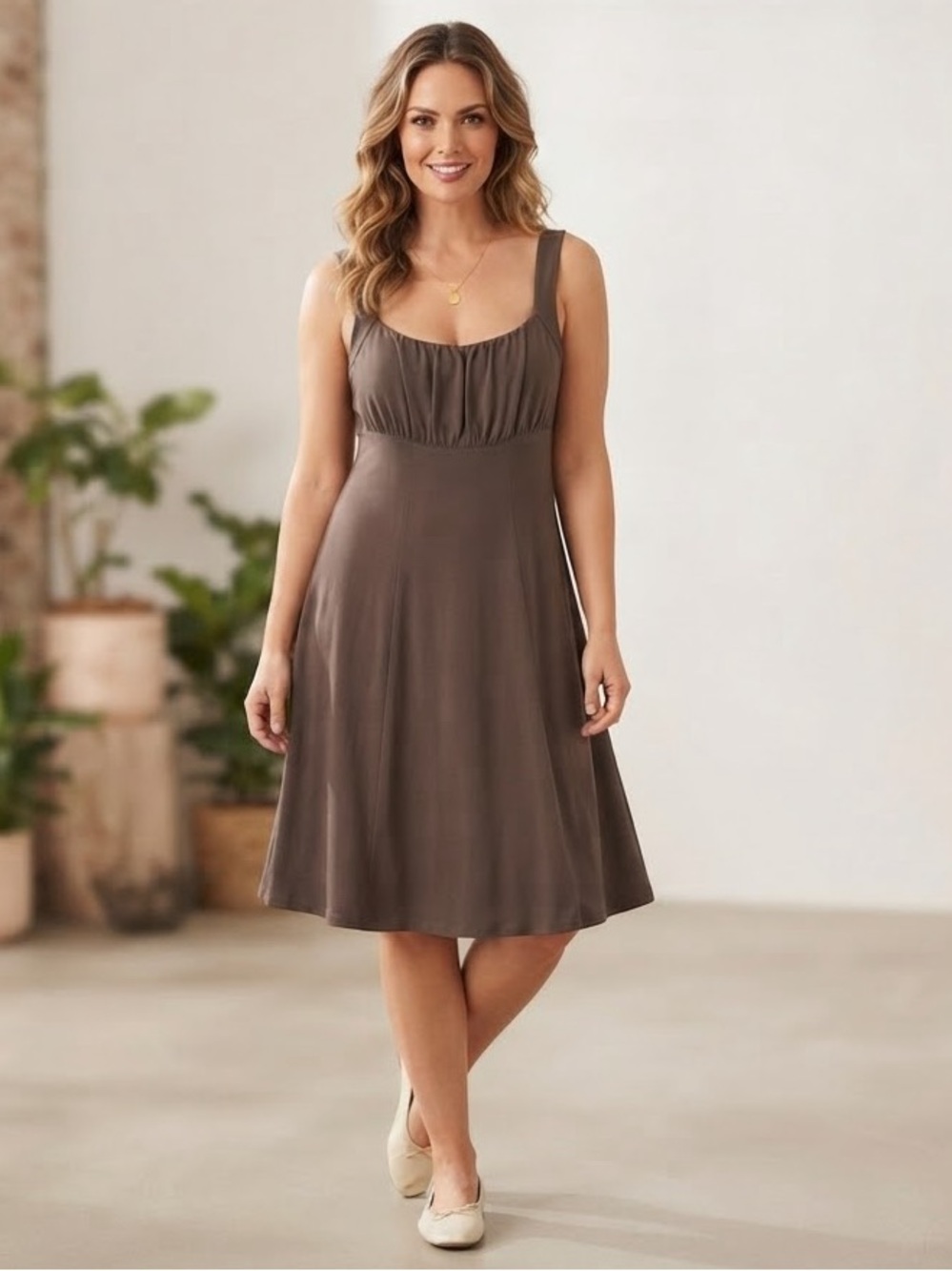 Lascana for Venus Grey Brown Gathered Bodice A-Line Midi Dress Feminine workwear